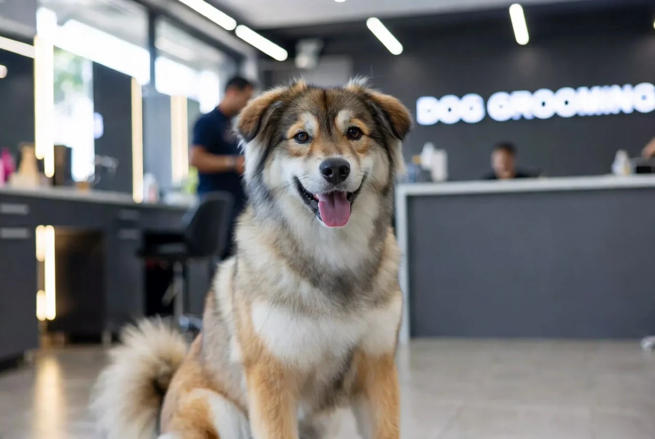 Glücklicher gut gepflegter Hund sitzt stolz im modernen Grooming-Salon